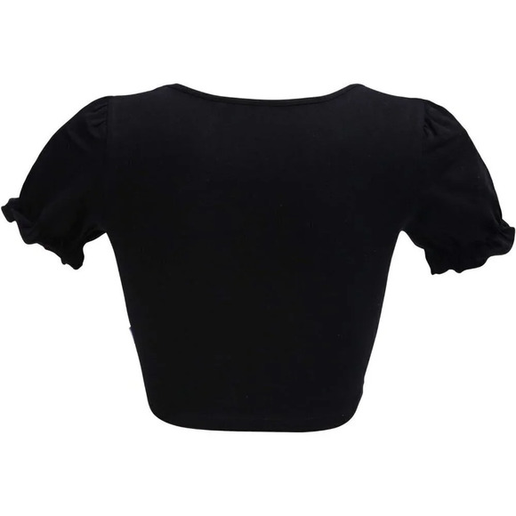 Kawaii Crop Black top Puff Sleeve cotton Scoop  Neck Shirt For Women's - Picture 8 of 8